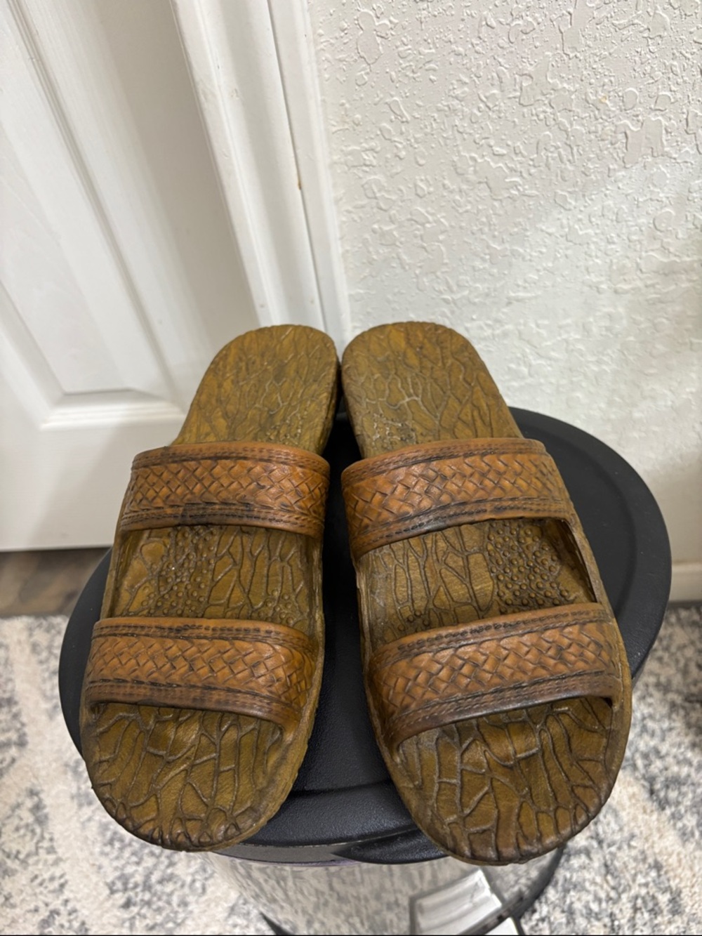 Pali Hawaii Brown Woven Leather Slide Sandals